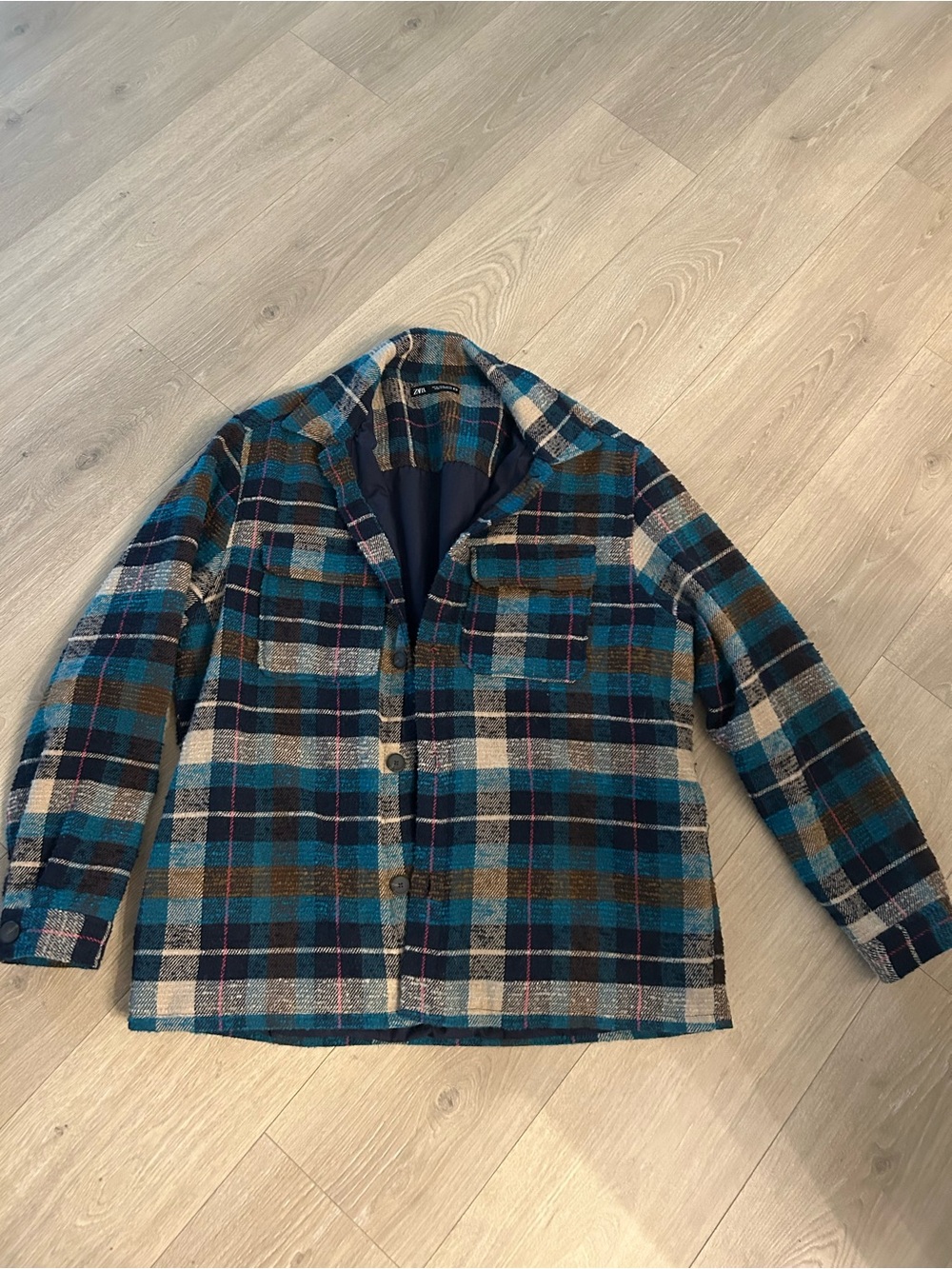 Zara Teal and Navy Plaid Shirt Jacket